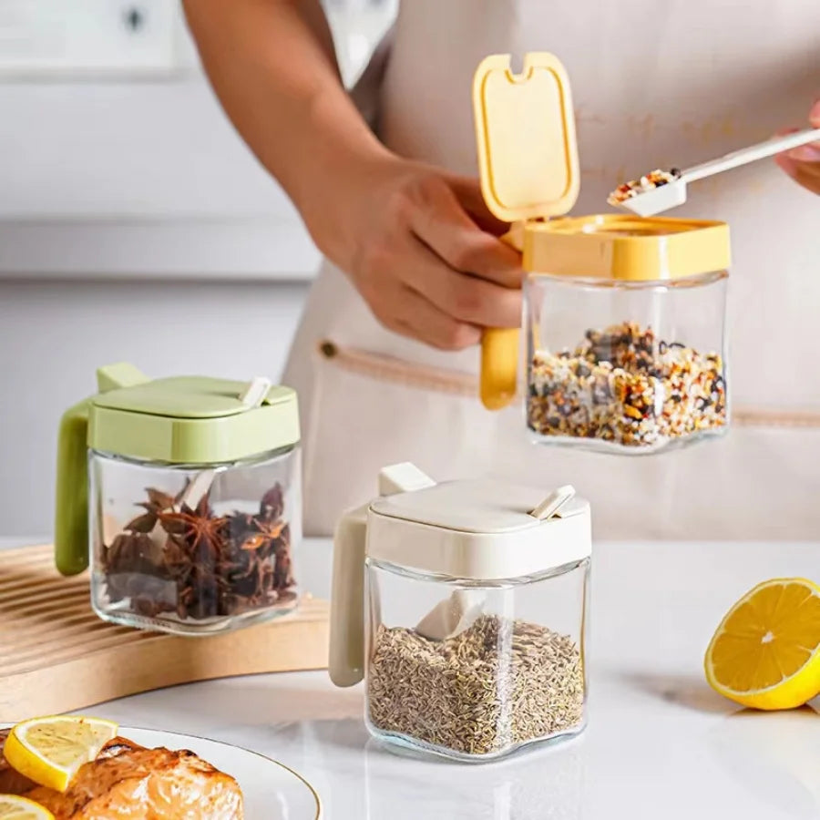 1pc Glass Seasoning Jar with Spoon Sugar Bowl Salt Shaker Pepper Spices Container Kitchen Tools Supplies Storage Spice Boxes