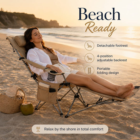 Reclining Camping Chair With Footrest 4-Position Adjustable Outdoor Folding Chair Heavy Duty Portable Camping Lounge Chair With Headrest Cup Holder & Side Pocket For Outdoor Beach Patio Travel