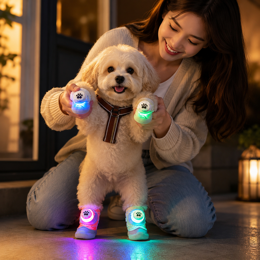 A small fluffy white dog stands on its hind legs while being held by a smiling woman at night. The dog is wearing glowing pet booties with colorful LED lights, and the woman holds two matching glowing bootie covers in her hands.