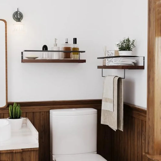 Wood Floating Shelves Wall Mounted - 2+1 Tier Rustic Bathroom Wall Shelves Over Toilet with Towel Bar, Set of 2 Farmhouse Float