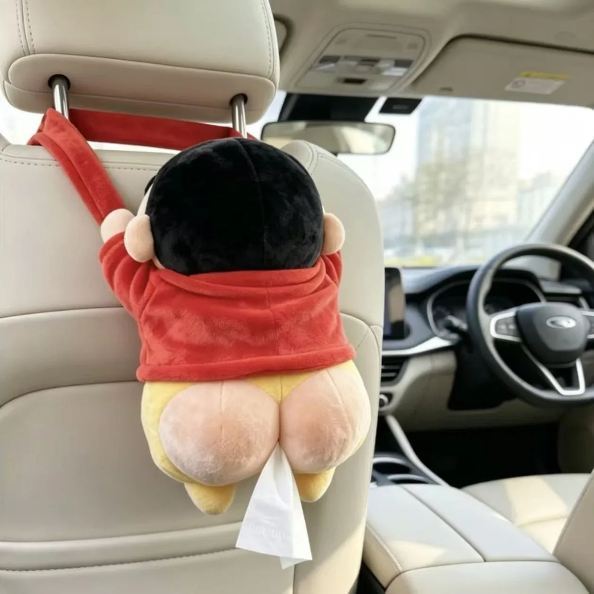 Crayon Shin-chan hanging tissue bag, plush cute car tissue box decoration, fun and funny creative gift