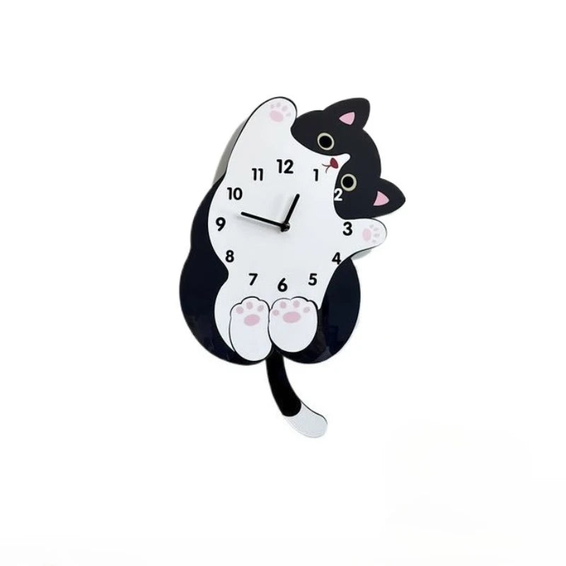 Cute Cat Tail Swaying Wall Clock Cartoon Silent Clock, Home Decoration Living Room Creative Clock Hanging on The Wall