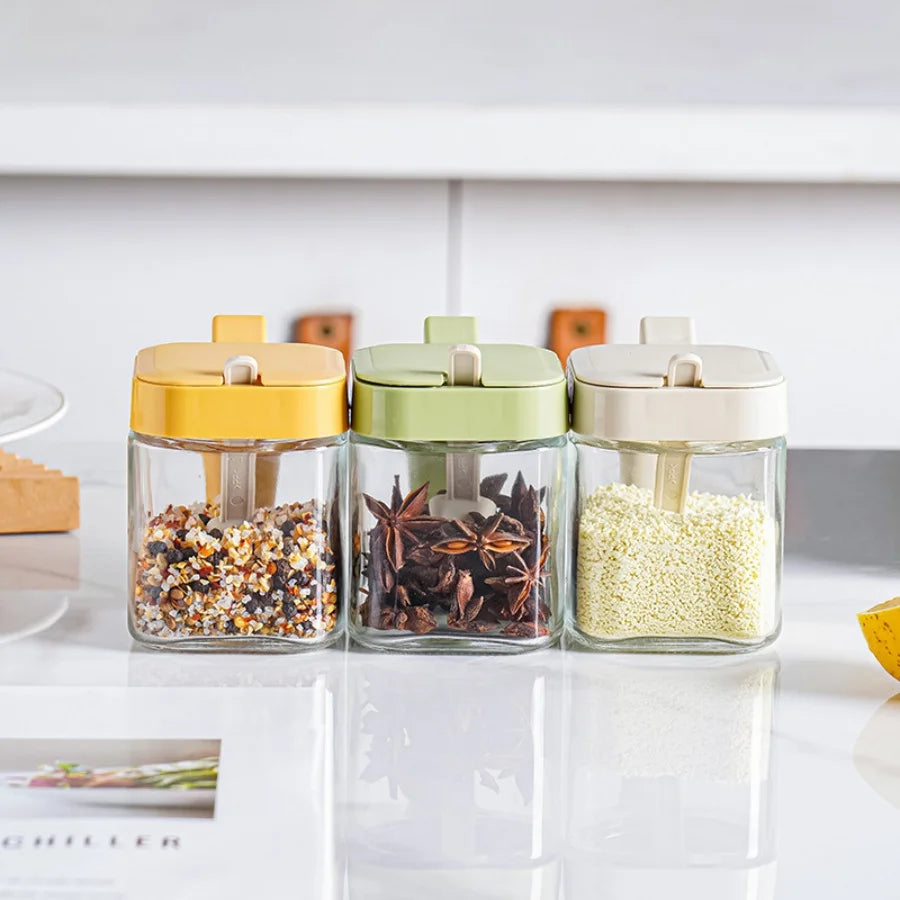 1pc Glass Seasoning Jar with Spoon Sugar Bowl Salt Shaker Pepper Spices Container Kitchen Tools Supplies Storage Spice Boxes