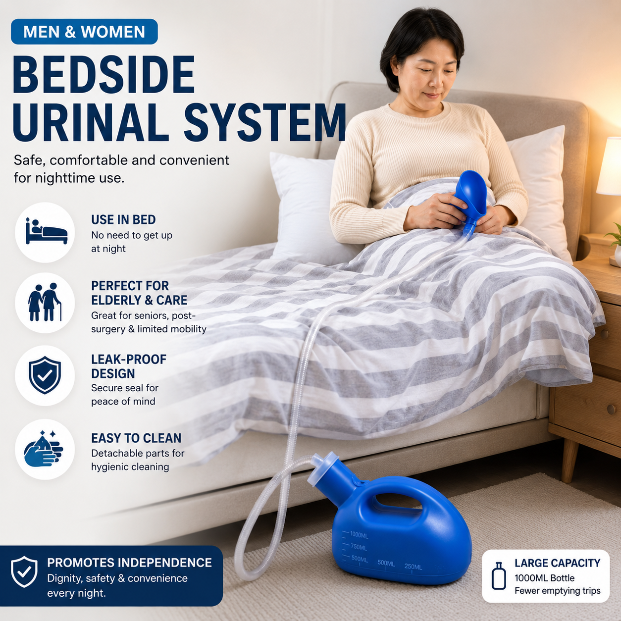 Bedside Urinal System, Male And Female Urinal With Cover Extension Tube Elderly Bed Urinal
