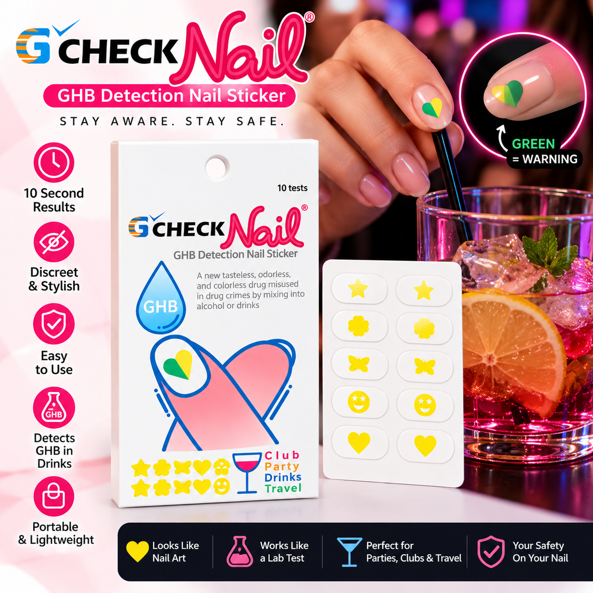G-Check Nail Stickers – GHB Drink Detection Test Stickers Kit
