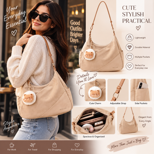 Women’s Cute Casual Shoulder Bag with Plush Charm – Stylish Everyday Handbag